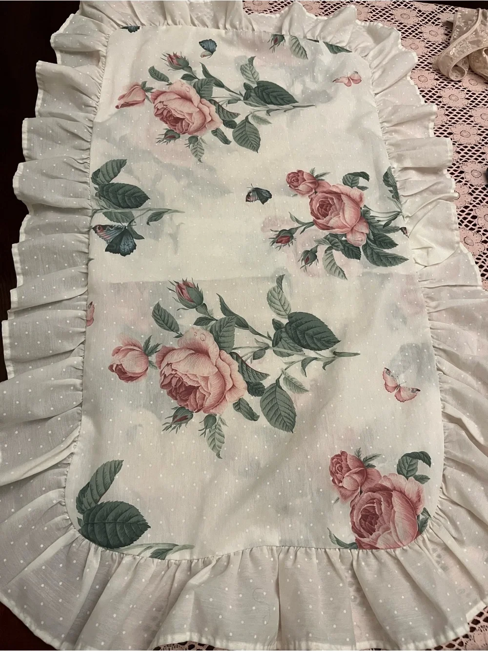 Cream Floral Rose Ruffle Pillowsham with Butterflies